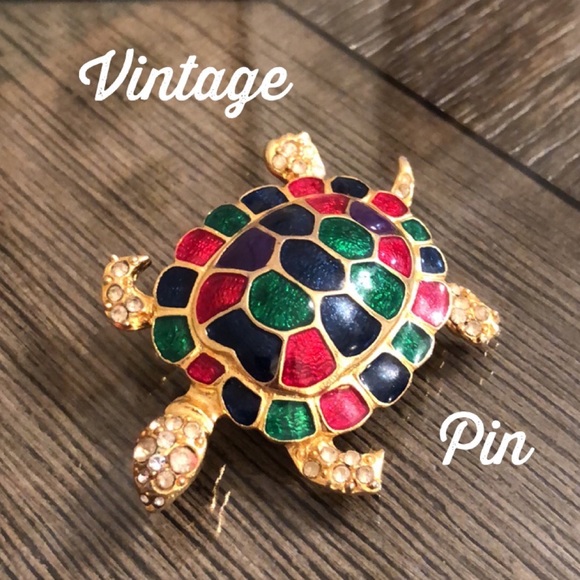 Vintage Jewelry - Vintage Sea Turtle Pin with Colorful Enamel, Rhinestone Accents